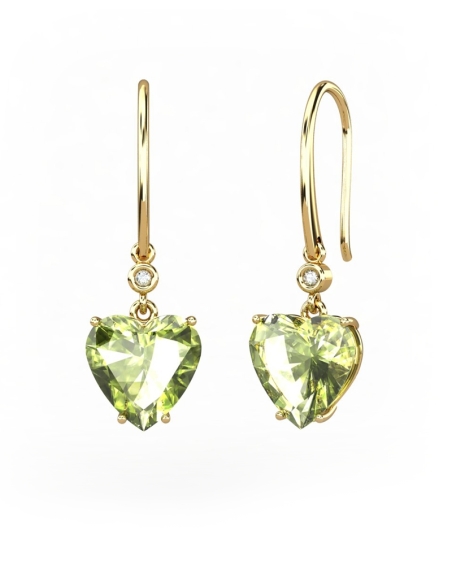 PENDIENTES GAIA GANCHO DE ORO Y DIAMANTES DE 0,01 CT CON CORAZÓN FACETADA DE OLIVINA 8X8MM