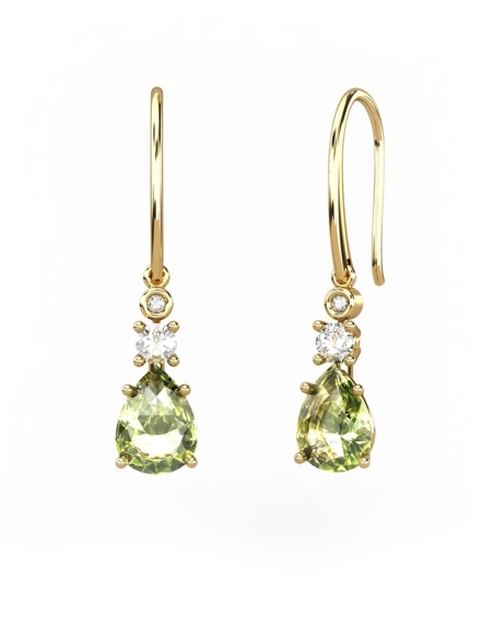 PENDIENTES GAIA GANCHO DE ORO Y DIAMANTES DE 0,01 CT Y TOPACIO CON PERA FACETADA DE OLIVINA 8X6MM