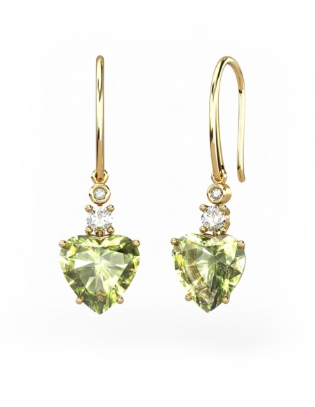 PENDIENTES GAIA DE ORO Y DIAMANTES DE 0,01 CT Y TOPACIO CON CORAZÓN FACETADO DE OLIVINA 9X9MM