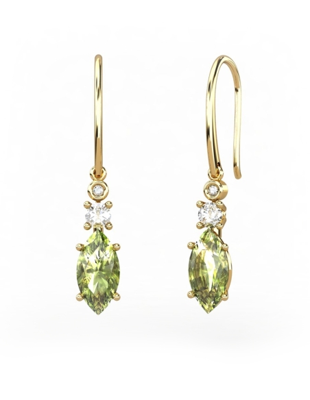 PENDIENTES GAIA DE ORO Y DIAMANTES DE 0,01 CT Y TOPACIO CON MARQUISE FACETADO DE OLIVINA 10X5MM