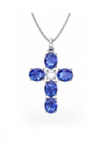 COLGANTE SPIRITUAL CRUZ DE DIAMANTE 0,27 CT Y ZAFIROS OVALES