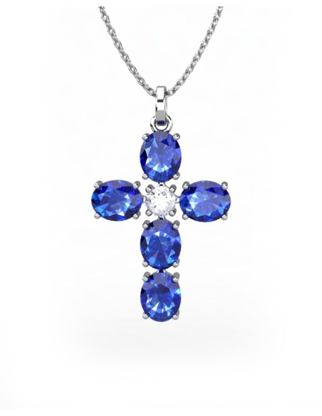 COLGANTE SPIRITUAL CRUZ DE DIAMANTE 0,27 CT Y ZAFIROS OVALES
