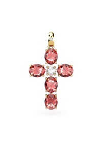 COLGANTE SPIRITUAL CRUZ DE DIAMANTE 0,12 CT Y RUBIES OVALES