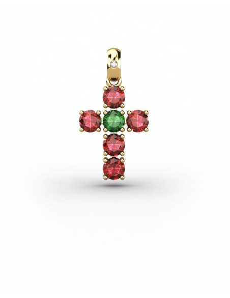 COLGANTE SPIRITUAL CRUZ DE DIAMANTE 0,01 CT Y RUBIES Y ESMERALDA