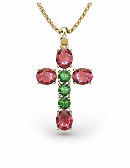 COLGANTE SPIRITUAL CRUZ DE DIAMANTE 0,01 CT Y RUBIES OVALES Y ESMERALDA